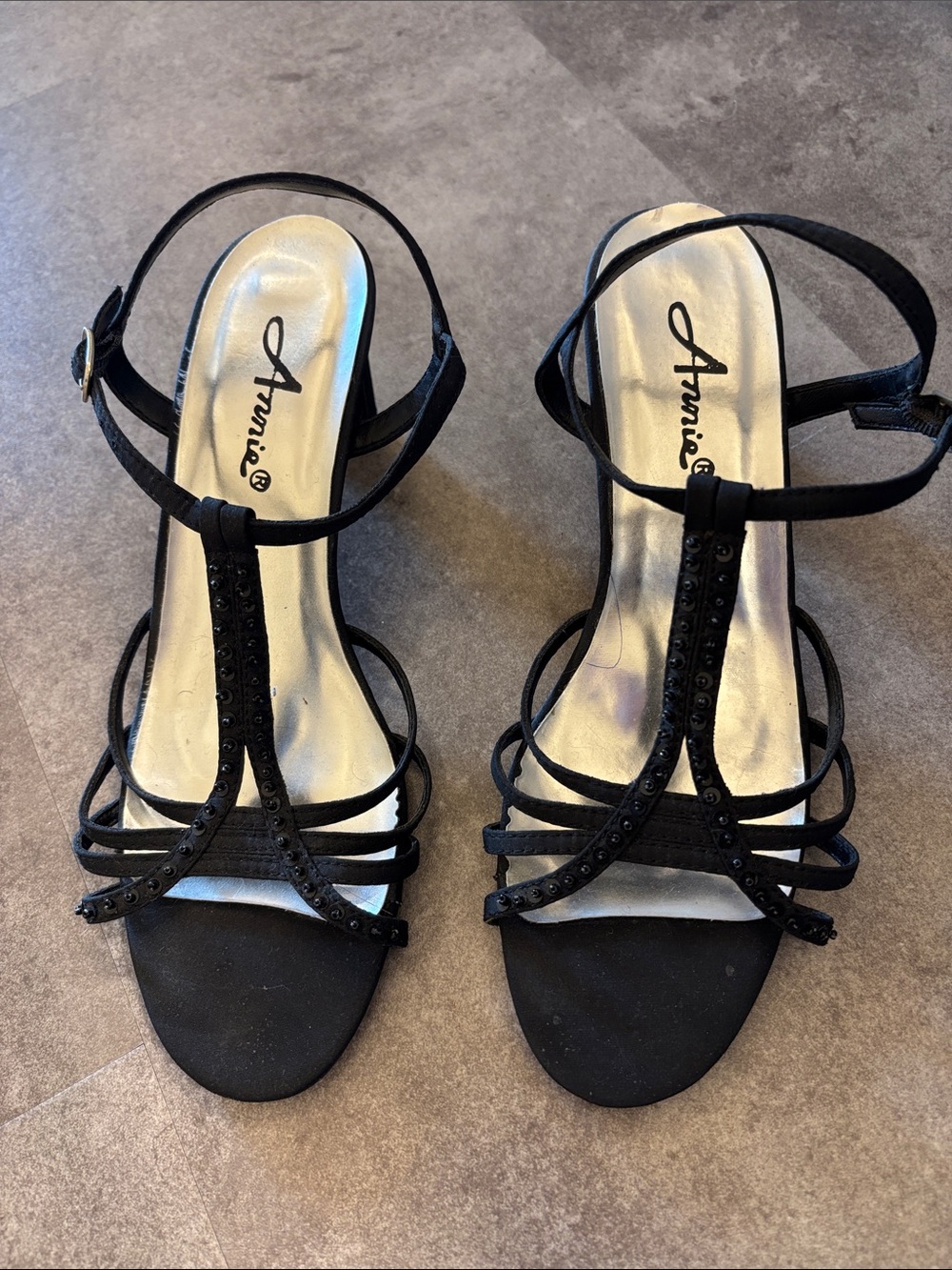 Annie Black Strappy T‑Bar Heeled Sandals